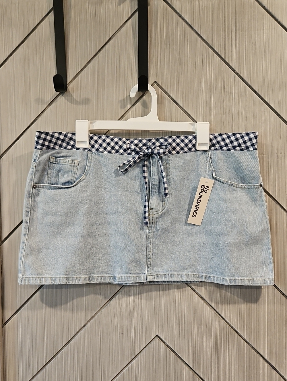 No Boundaries Light Blue Denim Mini Skirt with Navy Gingham Waist